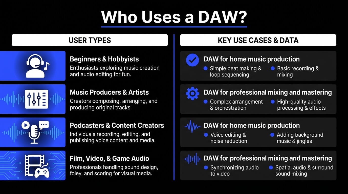 Who uses DAWs and key use cases and data. 