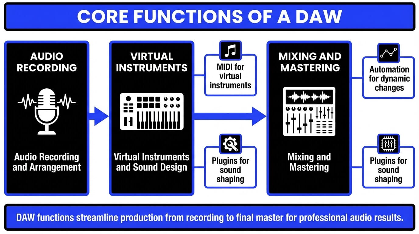 Core functions of a DAW (infographic).