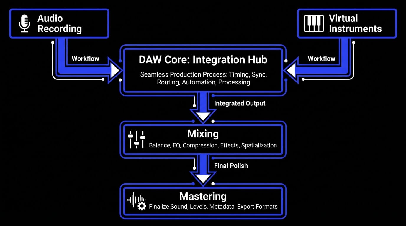 DAW main functionalities illustration (infographic).