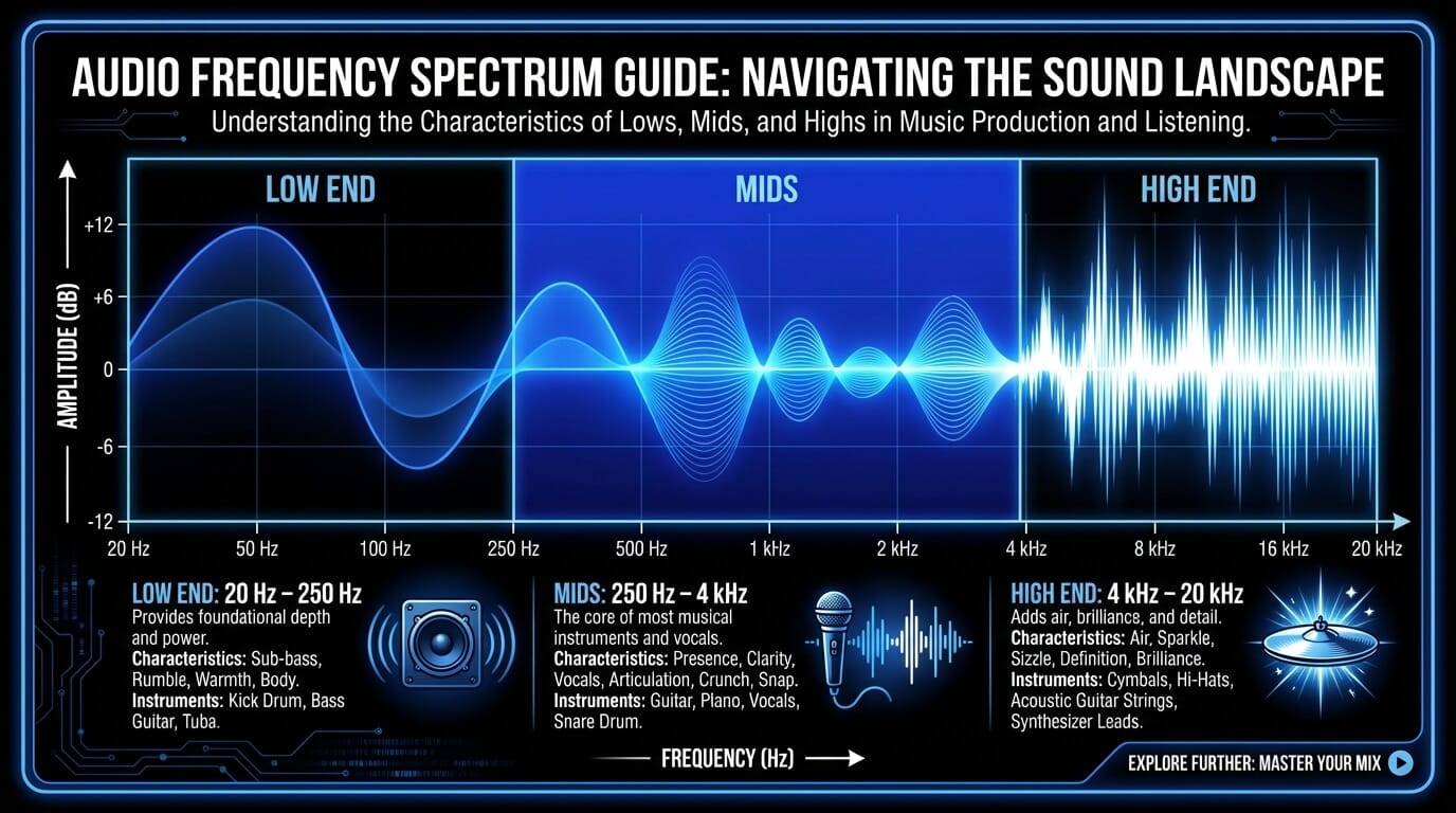 Audio frequency ranges explained: low end, mids and high end.