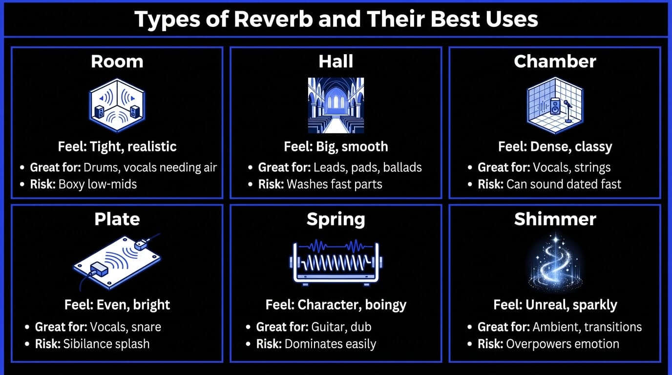 Types of reverb: room, hall, chamber, plate, spring, shimmer