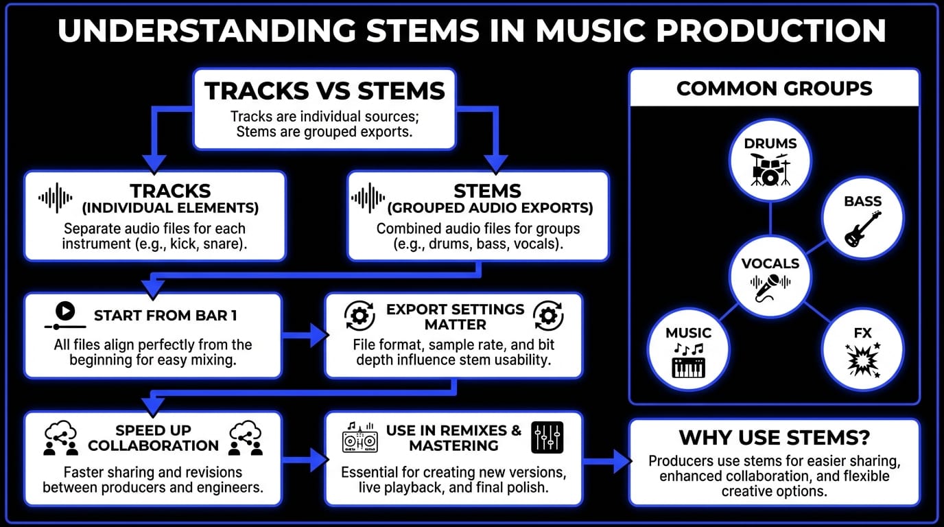 Tracks vs Stems and Common stem groups infographic