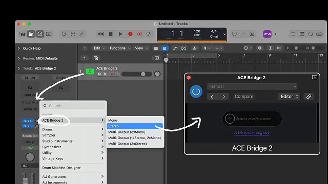 Paso 1 – Inserta el Plugin ACE Bridge en una Pista MIDI