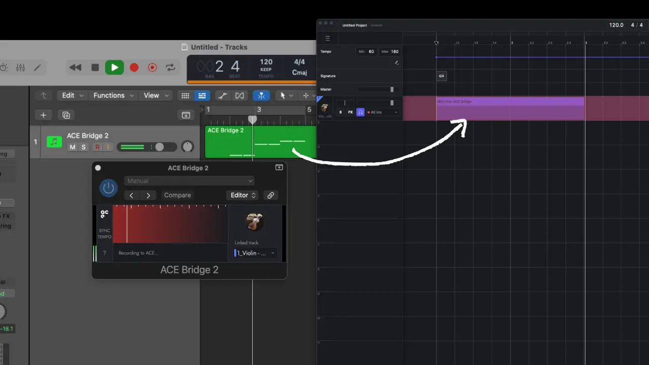 ステップ3：DAWでMIDIを録音すると、ACE Studioに同期されます。